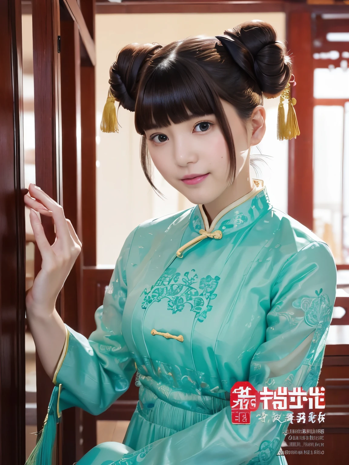 (high quality, High resolution:1.2), (Realistic:1.4), (1 Girl:1), Traditional Chinese Dresses, (Charming monkey:1), (((Double Buns))), Refer your audience, Lesbians all over, palace, corridor, ((Fringe cover)), Blunt bangs