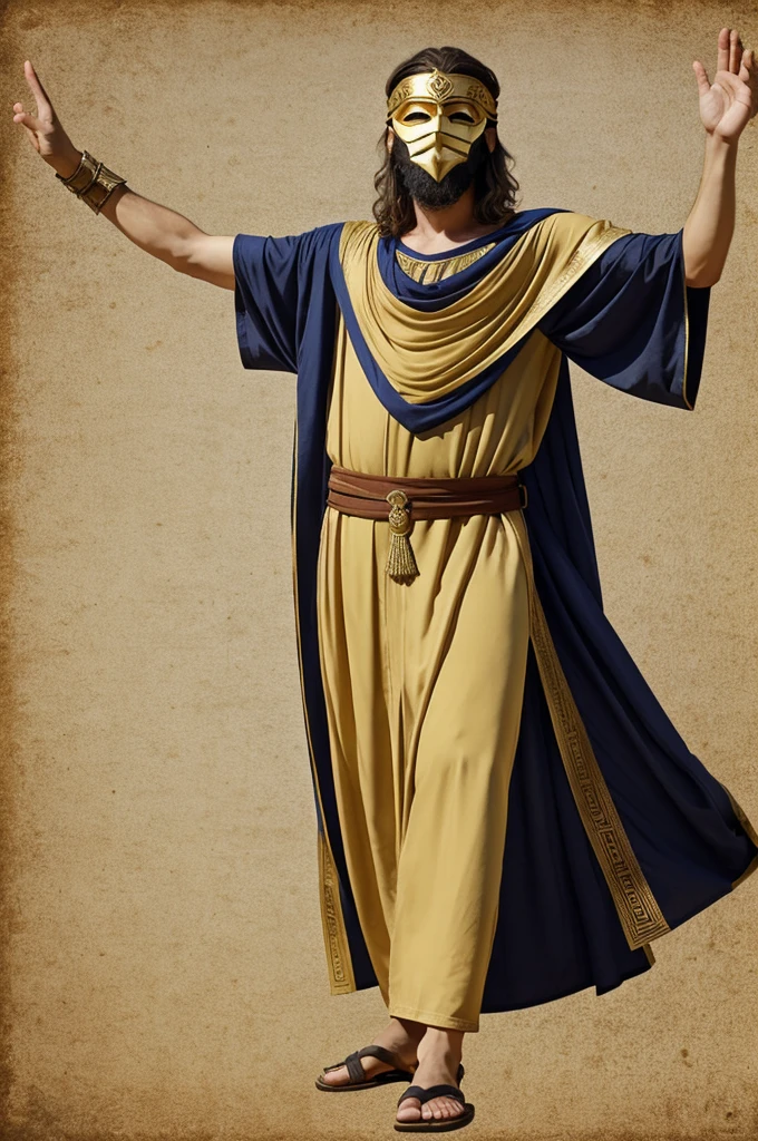 Greek Theater Actor, let it be a man.
outfit: Greek tunic, sandals, with theatrical mask of comedy and tragedy, that the mask covers the entire face.
pose: dramatic declamation, one arm extended towards the sky and the other arm on your chest, grabbing it.

 With vector graphic style without so many details. Figure and background.