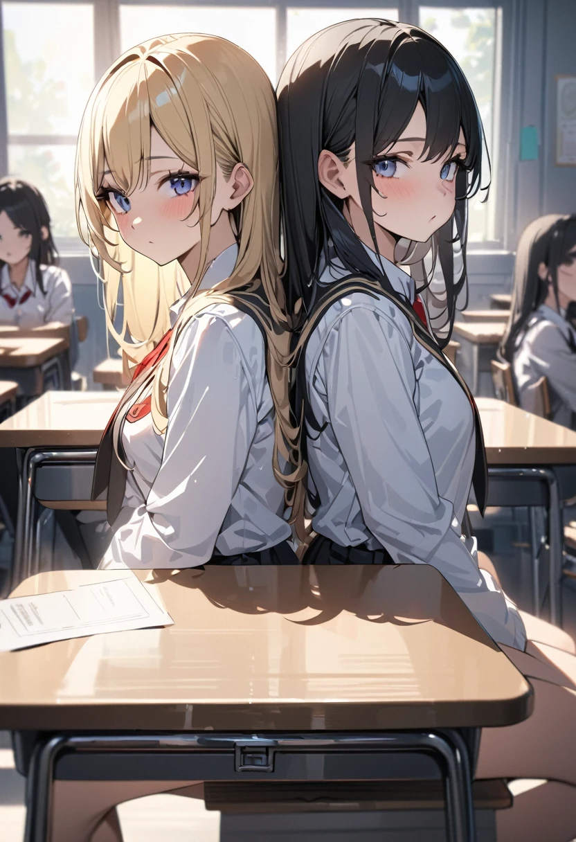 (award winning, 8k, super detailed, high resolution, best quality) , photography, (two girls), one girl with blonde hair, other girl with black hair, (sitting side by side at desk), ((beautiful girls)), set in classroom.