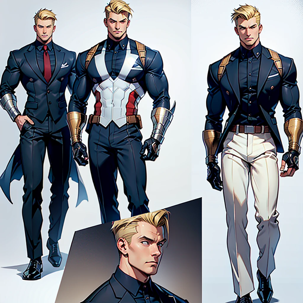 A model sheet of a muscular adult Captain America, short blonde hair in a very light tone, shaved neck. He wears a suit-style outfit with black colors., navy blue and white, black pants and black shoes. Using detailed gauntlets. Com poses, various face angles, Facial expressions.