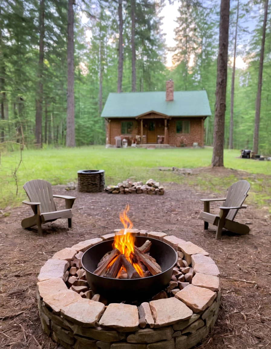 a close up of a fire pit in front of a cabin, a brick cabin in the woods, cabin in the woods, cottage in the woods, cottagecore, cottagecore!!, cottage in the forest, log cabin, cabin, cozy setting, cozy and peaceful atmosphere, in a cabin, cottagecore hippie, cozy place