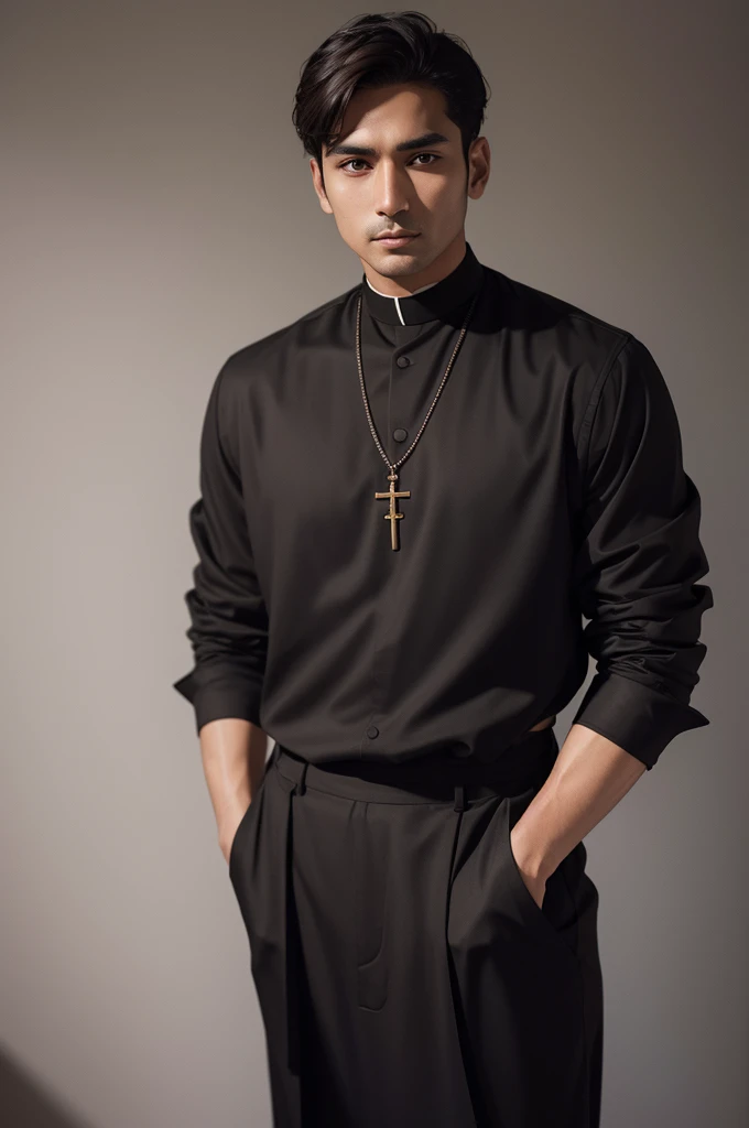 a brown man, brown-eyed, straight and short hair, wearing a black outfit, similar to a priest's cassock, with a mustache, wearing leather gloves on the right and left hands, and on his right hand a gold ring with an emerald stone, with black dress shoes.