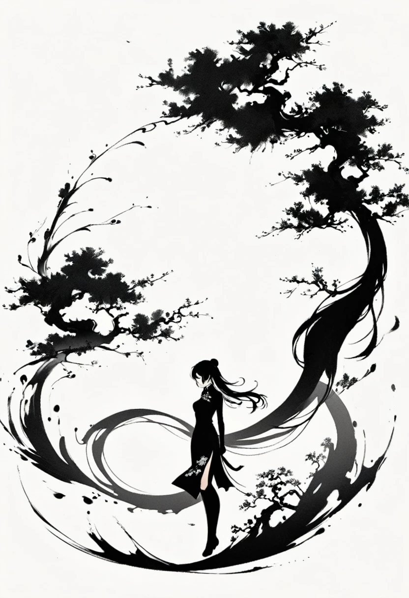 Artistic ink painting,Three-dimensional ink painting,Minimalism,Minimalist graphics,Minimal Art,Chinese anime girls,whole body,Chinese style,antiquity,Ink Painting,cheongsam,Black long hair,Black and white background,古韵White Space,White Space,大面积White Space,Texture Matte,Low saturation,Minimalist composition,Master composition