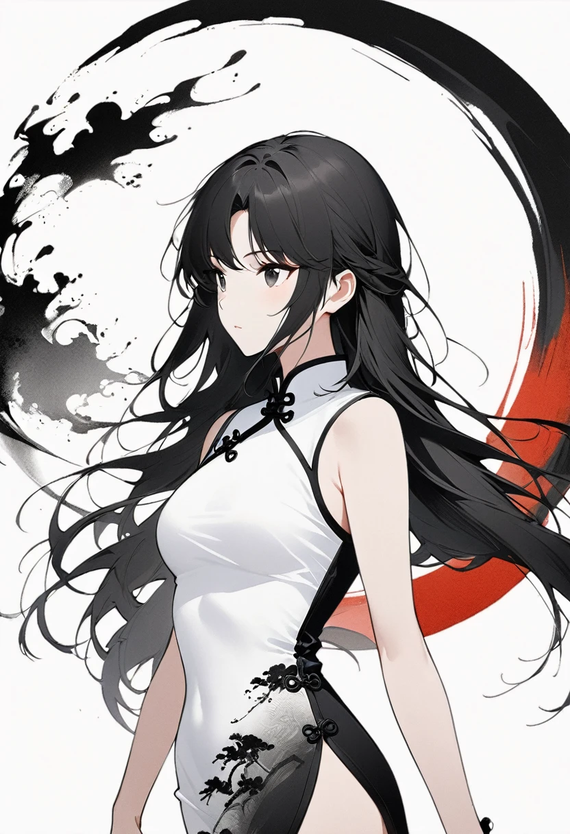 Artistic ink painting,Three-dimensional ink painting,Minimalism,Minimalist graphics,Minimal Art,Chinese anime girls,whole body,Chinese style,antiquity,Ink Painting,cheongsam,Black long hair,Black and white background,古韵White Space,White Space,大面积White Space,Texture Matte,Low saturation,Minimalist composition,Master composition