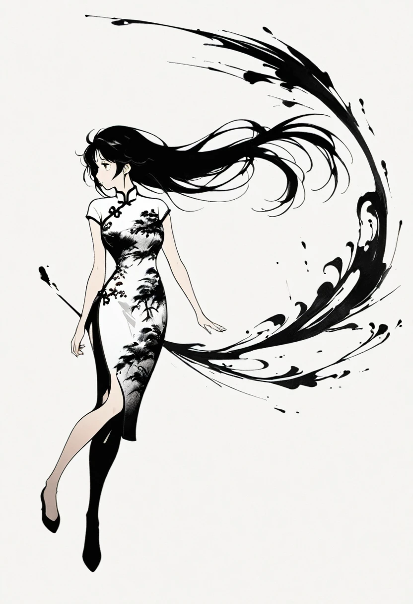 Artistic ink painting,Three-dimensional ink painting,Minimalism,Minimalist graphics,Minimal Art,Chinese anime girls,whole body,Chinese style,antiquity,Ink Painting,cheongsam,Black long hair,Black and white background,古韵White Space,White Space,大面积White Space,Texture Matte,Low saturation,Minimalist composition,Master composition