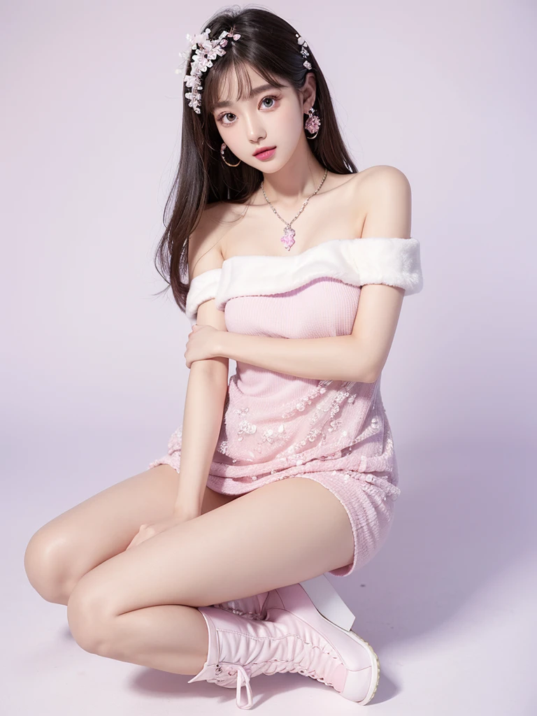 Beautiful woman wearing a pink white purple mini dress with decorations on the shirt and visible shoulders and wearing boots and being photographed with a white background ,Korean style swag, beautiful face so gorgeous, Beautiful eyes, y2k style