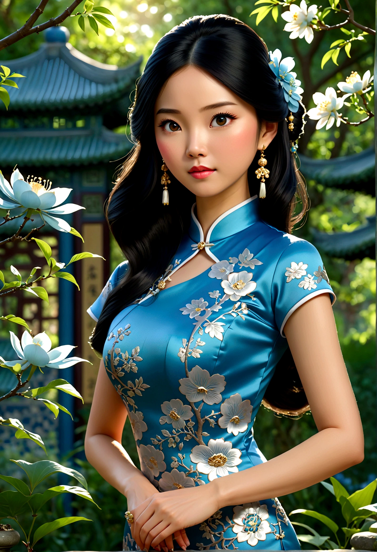 1girl, Cheongsam, Qipao, A woman wearing a beautiful blue cheongsam, long black hair, elegant, graceful pose, detailed facial features, glowing skin, ornate jewelry, outdoor garden setting, sunlight filtering through trees, lush greenery, intricate floral patterns, cinematic lighting, highly detailed, 8k, masterpiece, best quality, very aesthetic, absurdres