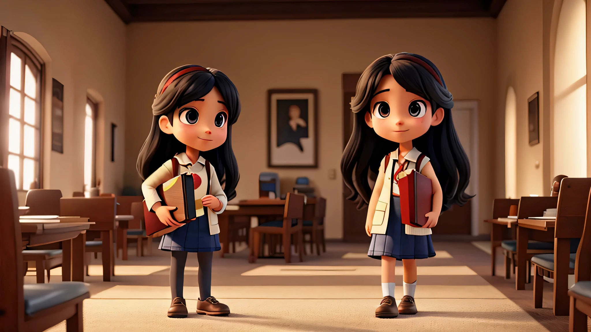 a beautiful young girl student, long black hair, , holding books, walking in a campus, golden hour lighting, 8k, photorealistic, highly detailed, intricate details, cinematic lighting, warm color tones, dramatic depth of field, masterpiece