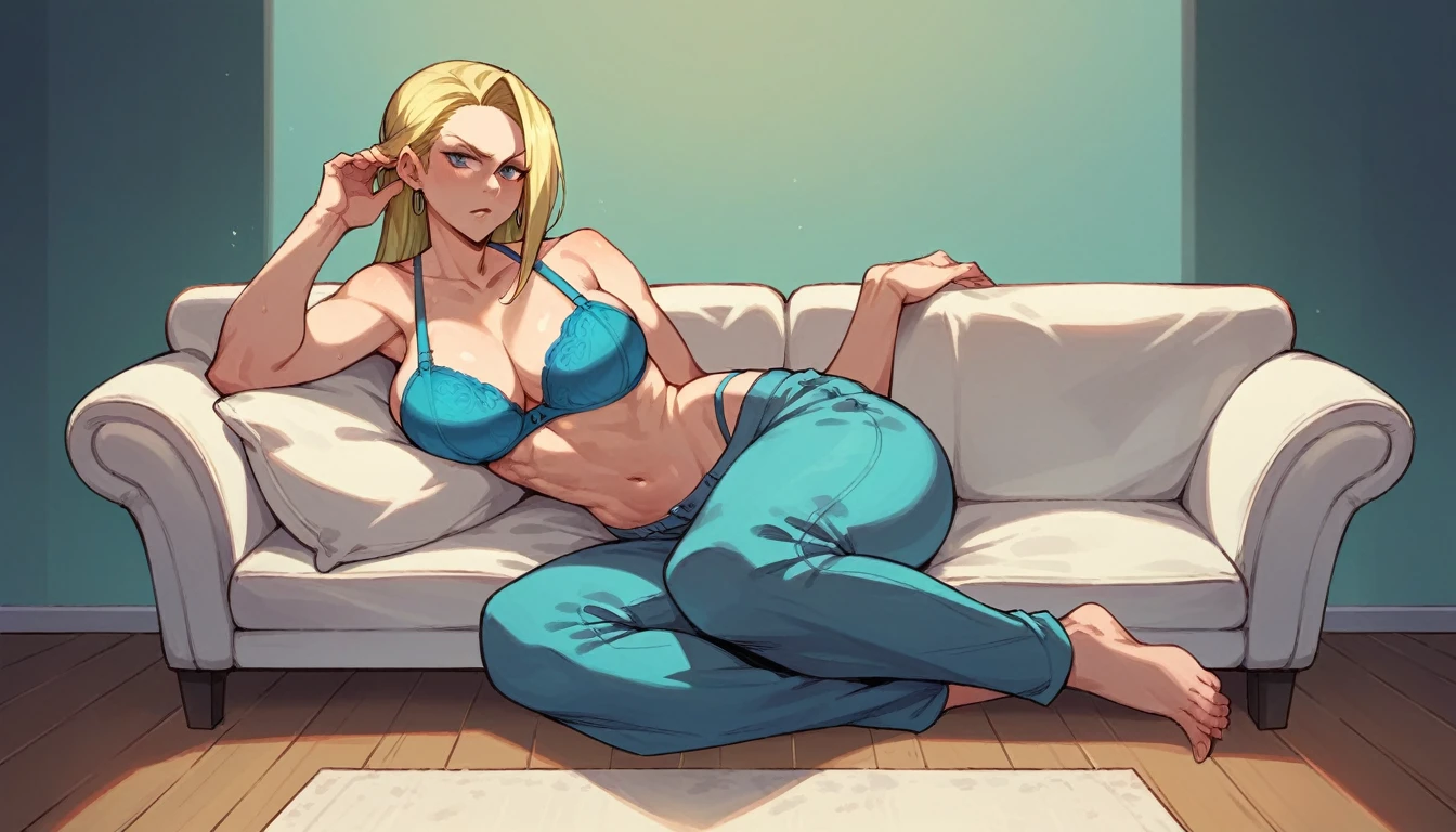 rating explicit, olivier mira armstrong, full body, blue bra, blue pants, sit in sofa