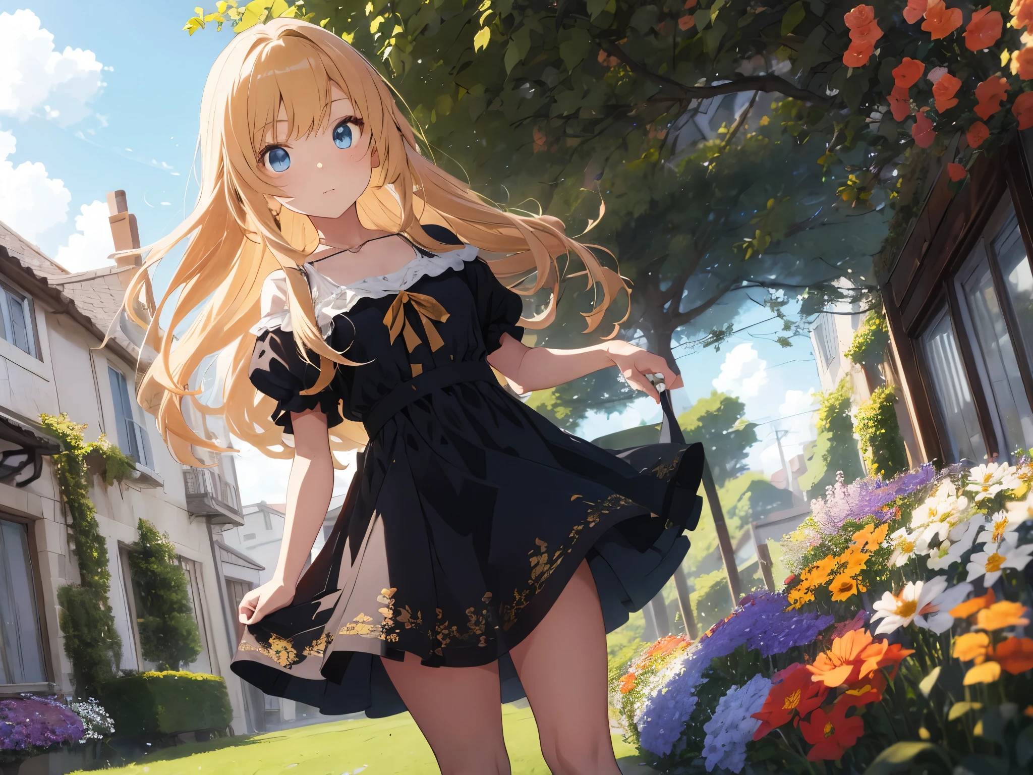 (1 woman,long golden hair,blue eyes,Dress,beautiful) (background : flower,garden,beautiful,fine,Anime,detailed)