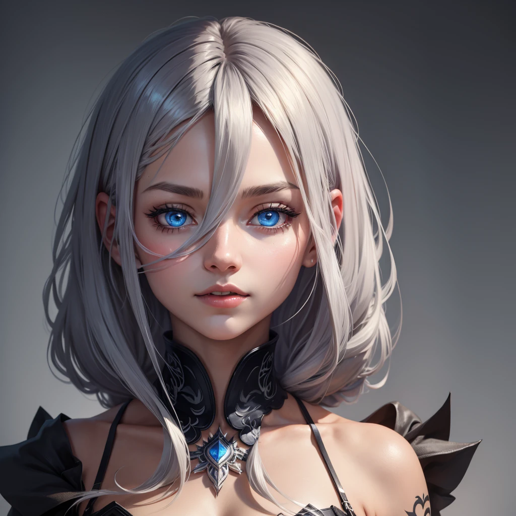 Adult anime woman with silver hair, 1 elegant and subtle tattoo, female character anime art style. A detailed portrait, with light blue eyes, woman body, smooth and soft skin, athletic and artistic, high quality