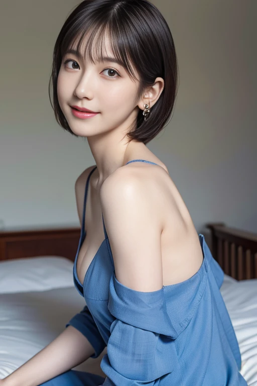 masterpiece,Highest quality,Adult 1 girl,Super detailed,Improve skin quality, Increase eye appeal,Ultra-high resolution,Very delicate,super high quality,Detailed face,Beautiful Eyes,Super short hair,Beautiful nose,Bowl Cut Hair,Hang hair on your ears,Deep valley,Beaming Smil, from side,(Large Breasts),put together,smile,bed,Nightdress,Beautiful ass:1.2