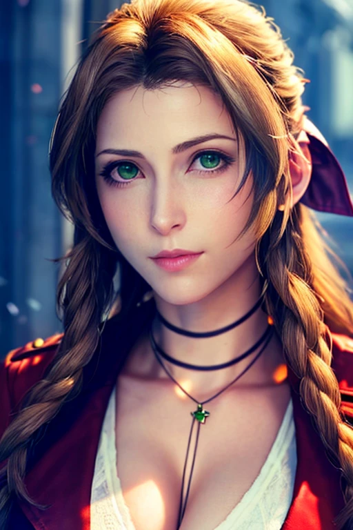 ff7r style, aerith gainsborough, 1girl, solo, realistic, green eyes, brown hair, long hair, blurry, looking at viewer, red jacket, jewelry, blurry background, necklace, choker, jacket, portrait, lips, ribbon, hair ribbon, bow, nose, closed mouth , ((masterpiece))