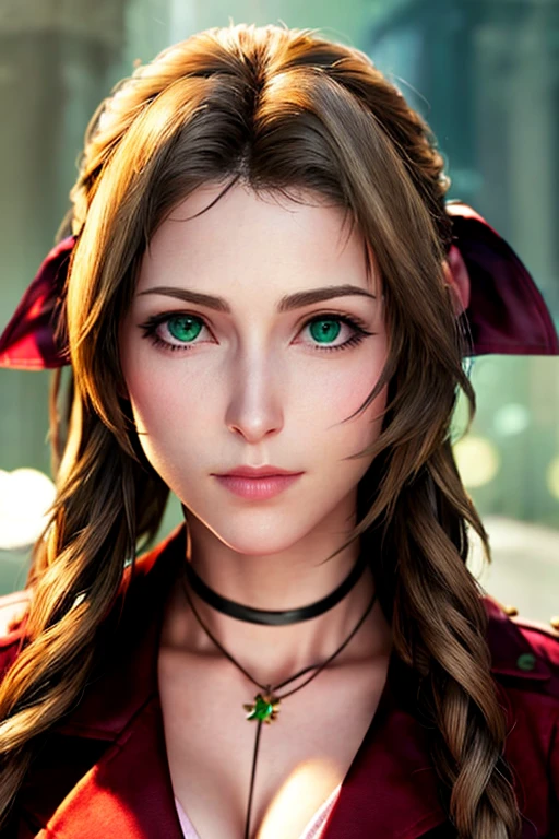 ff7r style, aerith gainsborough, 1girl, solo, realistic, green eyes, brown hair, long hair, blurry, looking at viewer, red jacket, jewelry, blurry background, necklace, choker, jacket, portrait, lips, ribbon, hair ribbon, bow, nose, closed mouth , ((masterpiece)) 