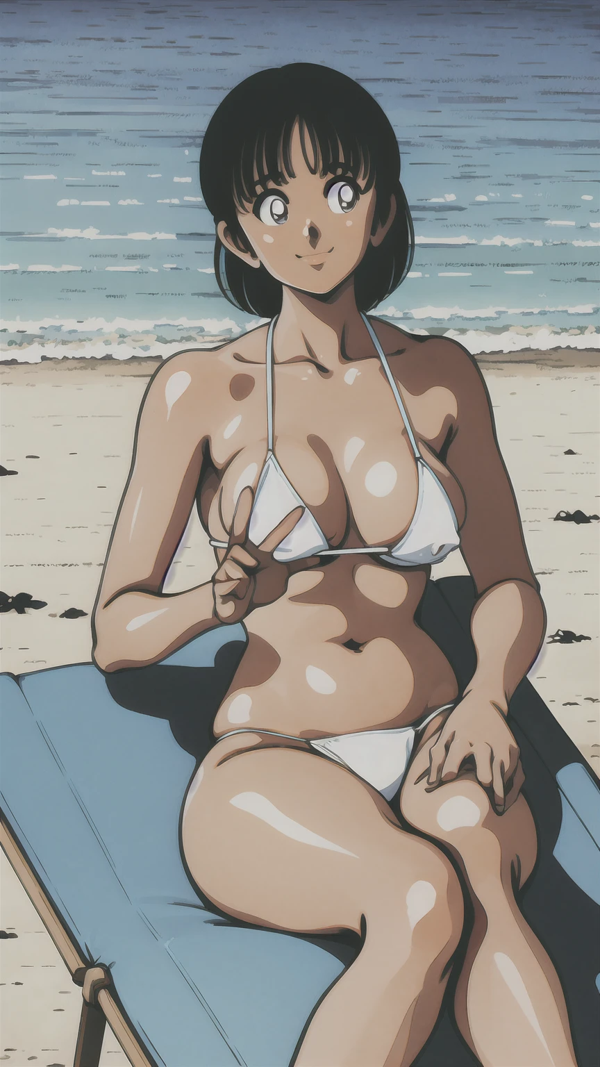 ((((asakura minami:1.3)))),((masterpiece)),((highest quality)),Super detailed,(thin entire outline),enlightenment,explicit,((1girl,solo)),black hair,medium hair,black eyes,small nose,perfect body,beautiful body,beautiful character design,perfect eyes,perfect face,pov,((happy smile)),small open mouth,(enjoy,having fun:1.2),entp,perspiration,wallpaper,ultra high resolution,8k,photo shoot,(beautiful large breast:1.2),beautiful legs,perfect feet,beautiful skin,fair skin,smooth skin,official style,official art,make a screen cap,outdoor,(summer beach),sunshine,bright lighting,white bikini,(extra tight micro bikinis:1.2),protruding nipples,red cheeks,((camel toes:1.3)),(on beach chair,wide spread legs,peace sign:1.2),