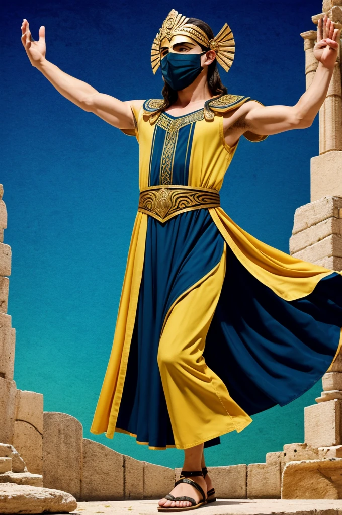 Greek Theater Actor.
With vector graphic style without so many details. Figure and background.
outfit: Greek tunic, sandals, with theatrical mask of comedy and tragedy, that the mask covers the entire face.
pose: dramatic declamation, one arm extended towards the sky and the other arm on your chest, grabbing it.