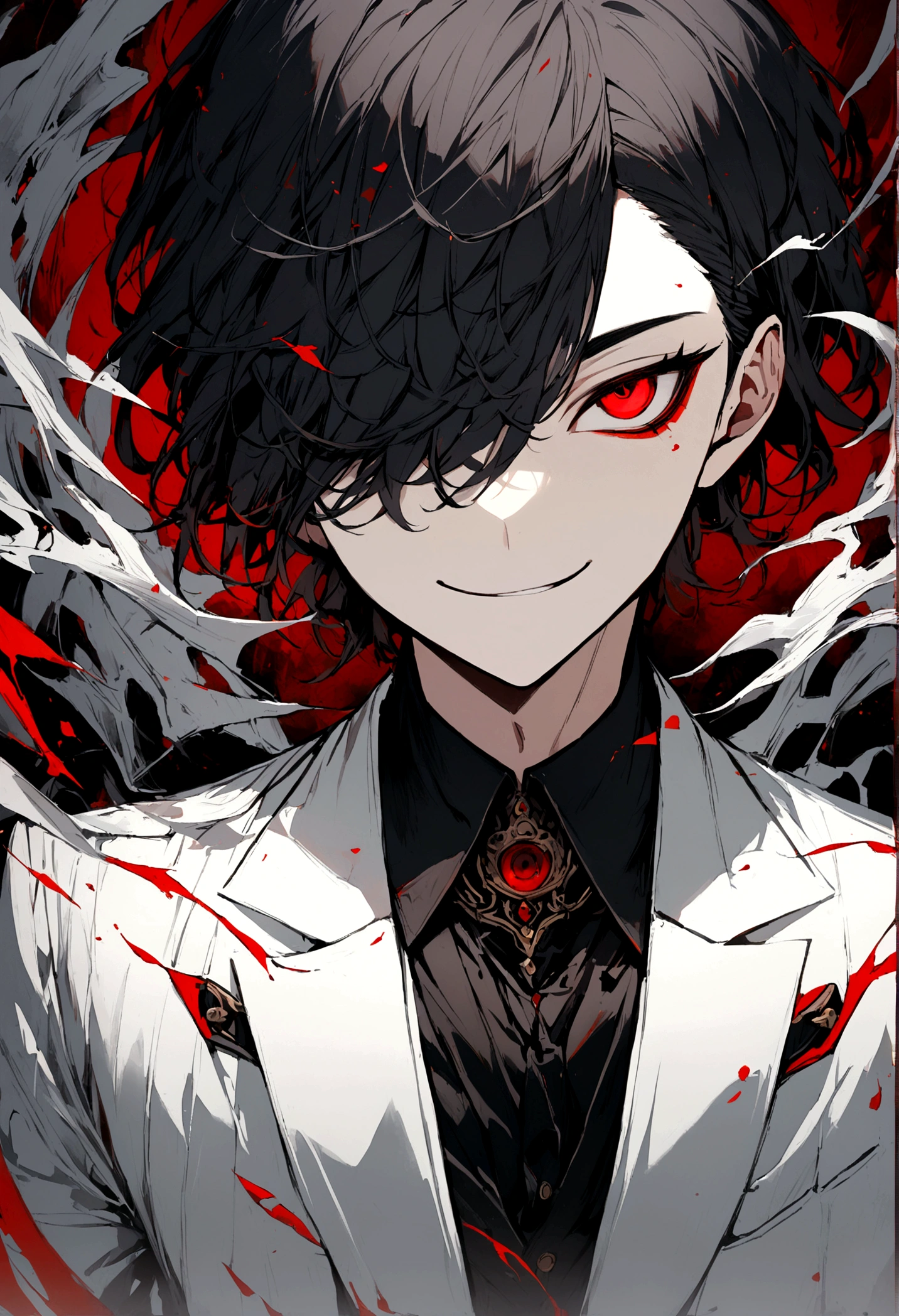 1boy, white and black hair, bangs covering one eye, red eye, white coat, black suit, black pants, mysterious smile