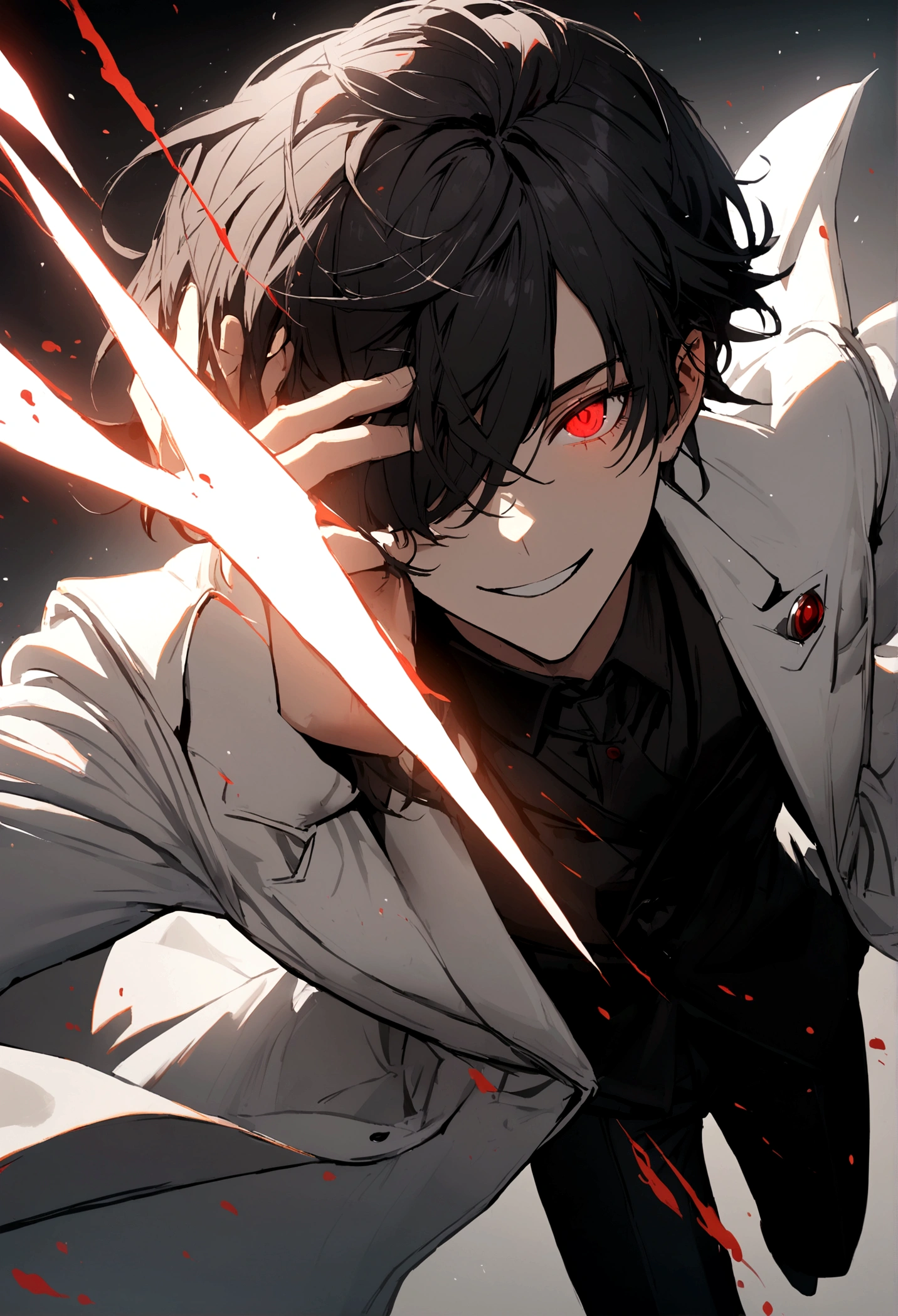 1boy, white and black hair, bangs covering one eye, red eye, white coat, black suit, black pants, mysterious smile