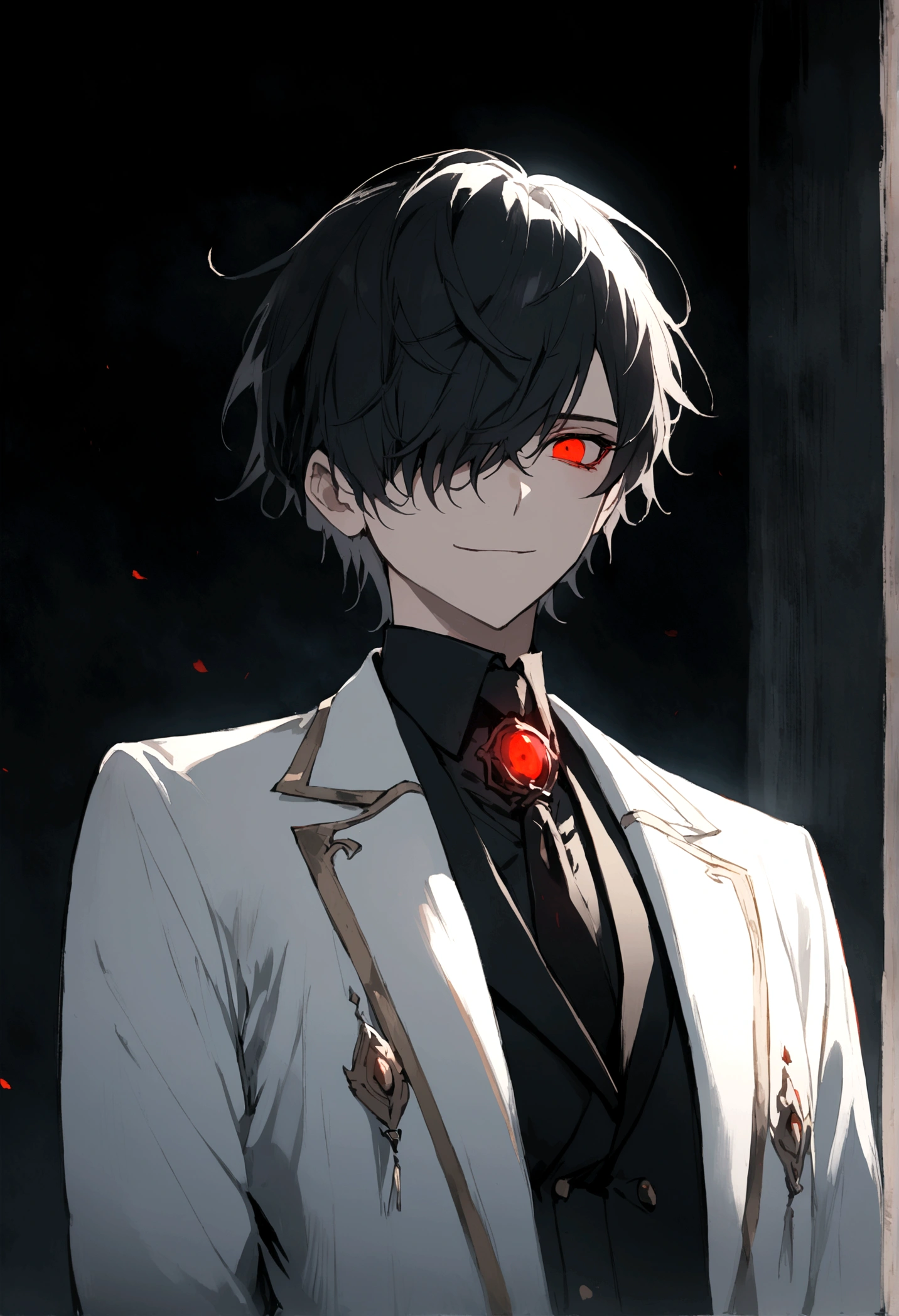 1boy, white and black hair, bangs covering one eye, red eye, white coat, black suit, black pants, mysterious smile