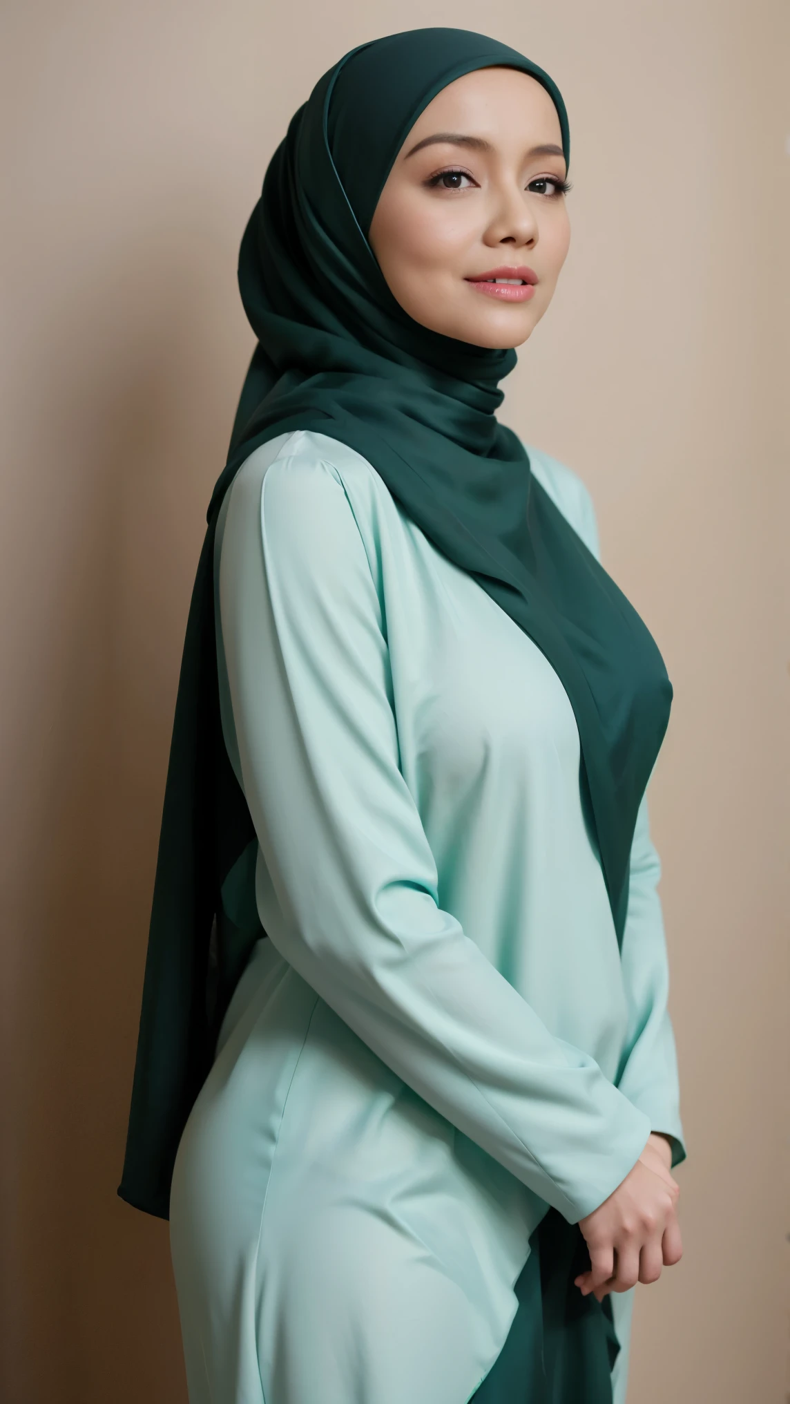 A woman with light green hijab, Realistic, Photorealistic, 8K, Masterpiece, Best Quality, High Definition, Live Action, RAW Photo, Single Woman, Beautiful Body,  boob, Sexy, naked, NSFW, Married Woman,  