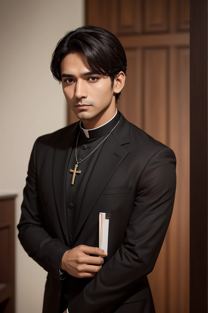 a brown man, brown-eyed, straight and short hair, wearing a black outfit, similar to a priest's cassock, with a mustache, wearing leather gloves on the right and left hands, and on his right hand a gold ring with an emerald stone, with black dress shoes.