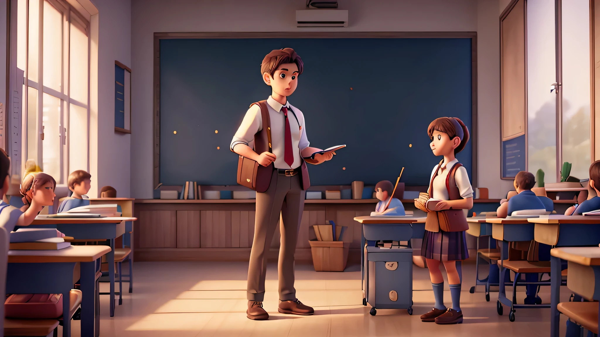 a teacher and student in a classroom, full body, teacher teaching a lesson, student listening attentively, intricate details, warm lighting, oil painting, muted colors, photorealistic, 8k, best quality, cinematic, hyper detailed