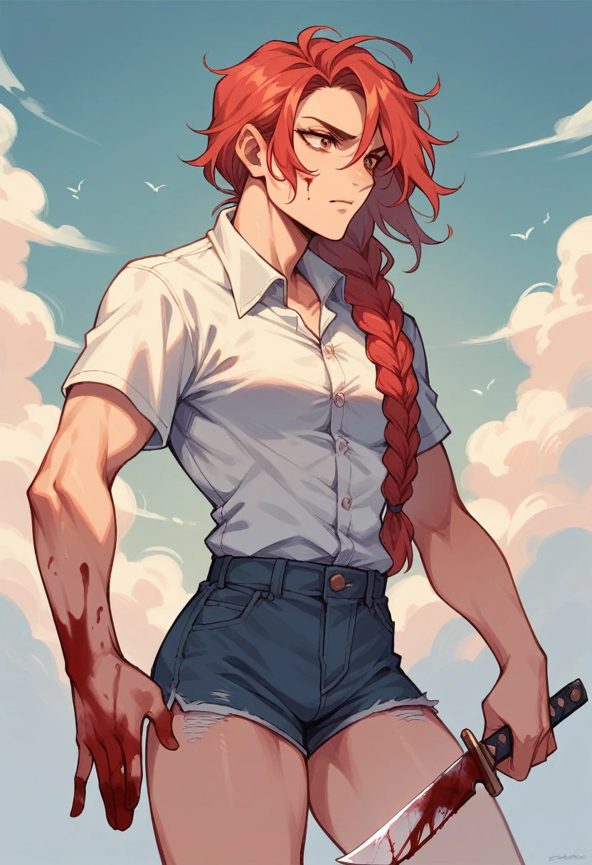 Our character has red hair, braided hair and blood streaks, a knife in his hand and shorts and a blouse.