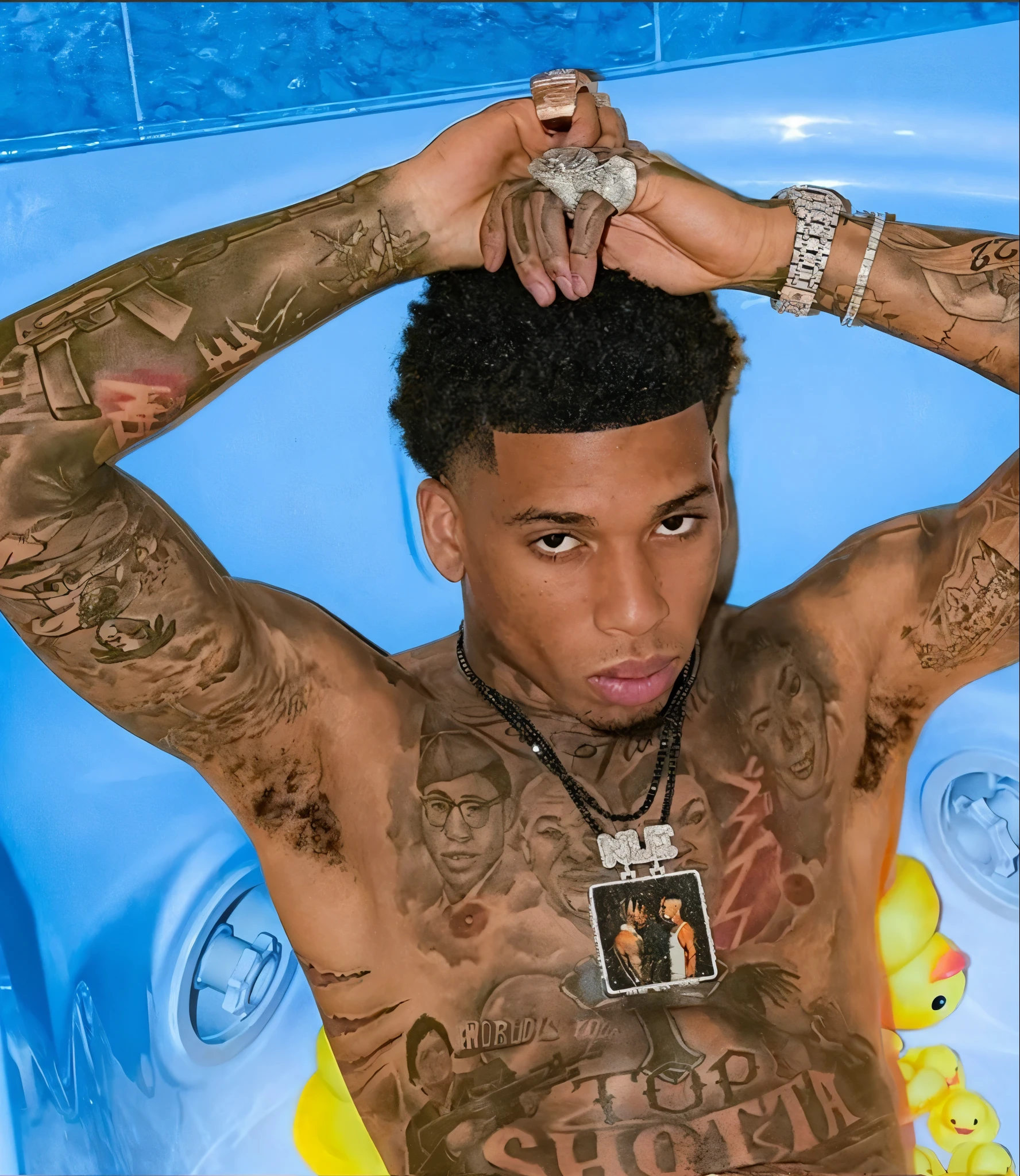 Silver iced chains around his neck