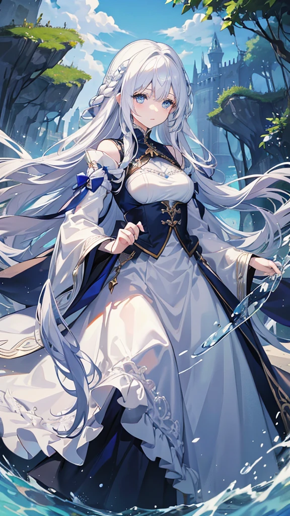 White hair and blue eyes、adult、Long, fluffy wavy hair、Braiding、Wearing hair ornaments、Princess、White Hand、Wearing a lace dress、Being in the water、Fantasy