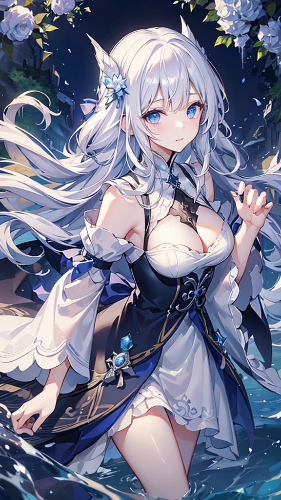 White hair and blue eyes、adult、Long, fluffy wavy hair、Braiding、Wearing hair ornaments、Princess、White Hand、Wearing a lace dress、Being in the water、Fantasy