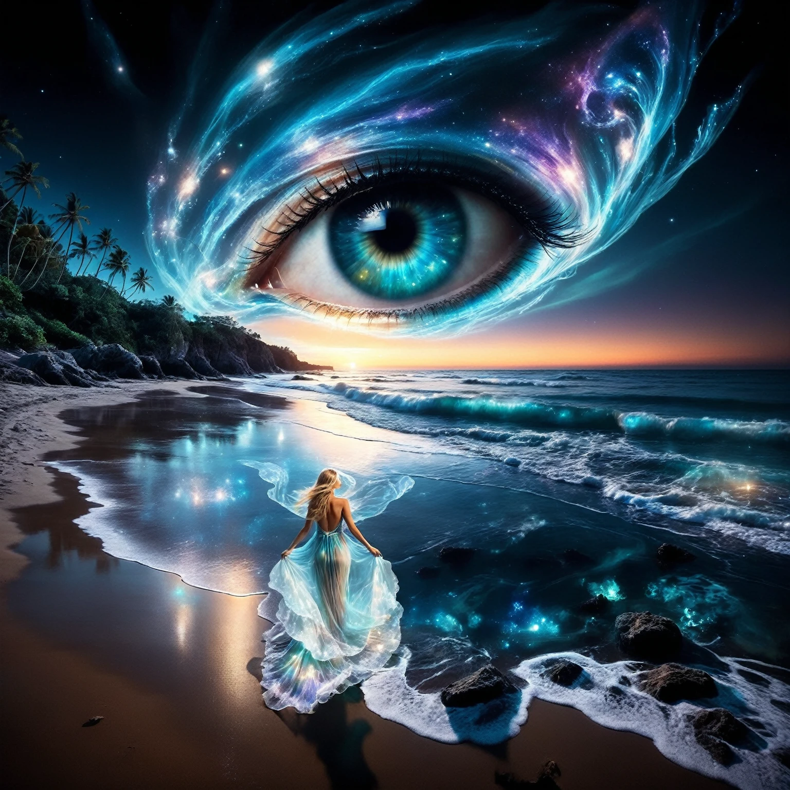 in the foreground, a blonde woman with long flowing hair stands on a sandy beach. She wears a transparent, flowing dress that appears to be made of swirling, glowing ethereal patterns, reminiscent of the northern lights. Her face is turned skyward, as if contemplating the wonders of the universe. Her bare feet are planted in the sand, and her dress floats around her like a cloud. The water near the woman should be very transparent, revealing bioluminescent glowing algae and marine fauna.the woman. Background: Behind the woman, the beach stretches towards the horizon. The sea is crystal-clear and deep blue. Soft, bioluminescent light-green glowing waves break on the shore, creating a soothing rhythm. The night sky is filled with twinkling stars. A majestic galaxy swirls over the beach, forming a giant, detailed eye in the sky. The eye's vibrant colors reflect beautifully on the crystal-clear, bioluminescent water below. Colors: Use iridescent shades of blue, turquoise, orange and violet with luminous sparkles. The overall mood of the photo is dark, ethereal and haunting. The bioluminescent light of the sea creates a magical, fairytale atmosphere, while the twinkling stars and swirling galaxy add a sense of mystery and wonder.The woman standing on the beach seems to be in communion with nature and the universe, adding a touch of serenity to the scene. The overall style of the photo is fantastic or supernatural. Vivid colors, flowing forms and intricate details create a captivating, imaginary world. (masterpiece, best quality, Professional, perfect composition, very aesthetic, absurdres, ultra-detailed, intricate details:1.3) 