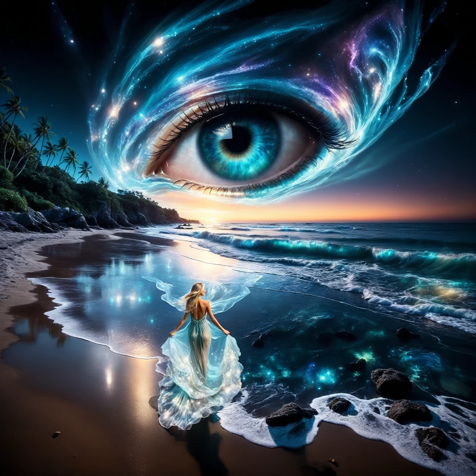 in the foreground, a blonde woman with long flowing hair stands on a sandy beach. She wears a transparent, flowing dress that appears to be made of swirling, glowing ethereal patterns, reminiscent of the northern lights. Her face is turned skyward, as if contemplating the wonders of the universe. Her bare feet are planted in the sand, and her dress floats around her like a cloud. The water near the woman should be very transparent, revealing bioluminescent glowing algae and marine fauna.the woman. Background: Behind the woman, the beach stretches towards the horizon. The sea is crystal-clear and deep blue. Soft, bioluminescent light-green glowing waves break on the shore, creating a soothing rhythm. The night sky is filled with twinkling stars. A majestic galaxy swirls over the beach, forming a giant, detailed eye in the sky. The eye's vibrant colors reflect beautifully on the crystal-clear, bioluminescent water below. Colors: Use iridescent shades of blue, turquoise, orange and violet with luminous sparkles. The overall mood of the photo is dark, ethereal and haunting. The bioluminescent light of the sea creates a magical, fairytale atmosphere, while the twinkling stars and swirling galaxy add a sense of mystery and wonder.The woman standing on the beach seems to be in communion with nature and the universe, adding a touch of serenity to the scene. The overall style of the photo is fantastic or supernatural. Vivid colors, flowing forms and intricate details create a captivating, imaginary world. (masterpiece, best quality, Professional, perfect composition, very aesthetic, absurdres, ultra-detailed, intricate details:1.3) 