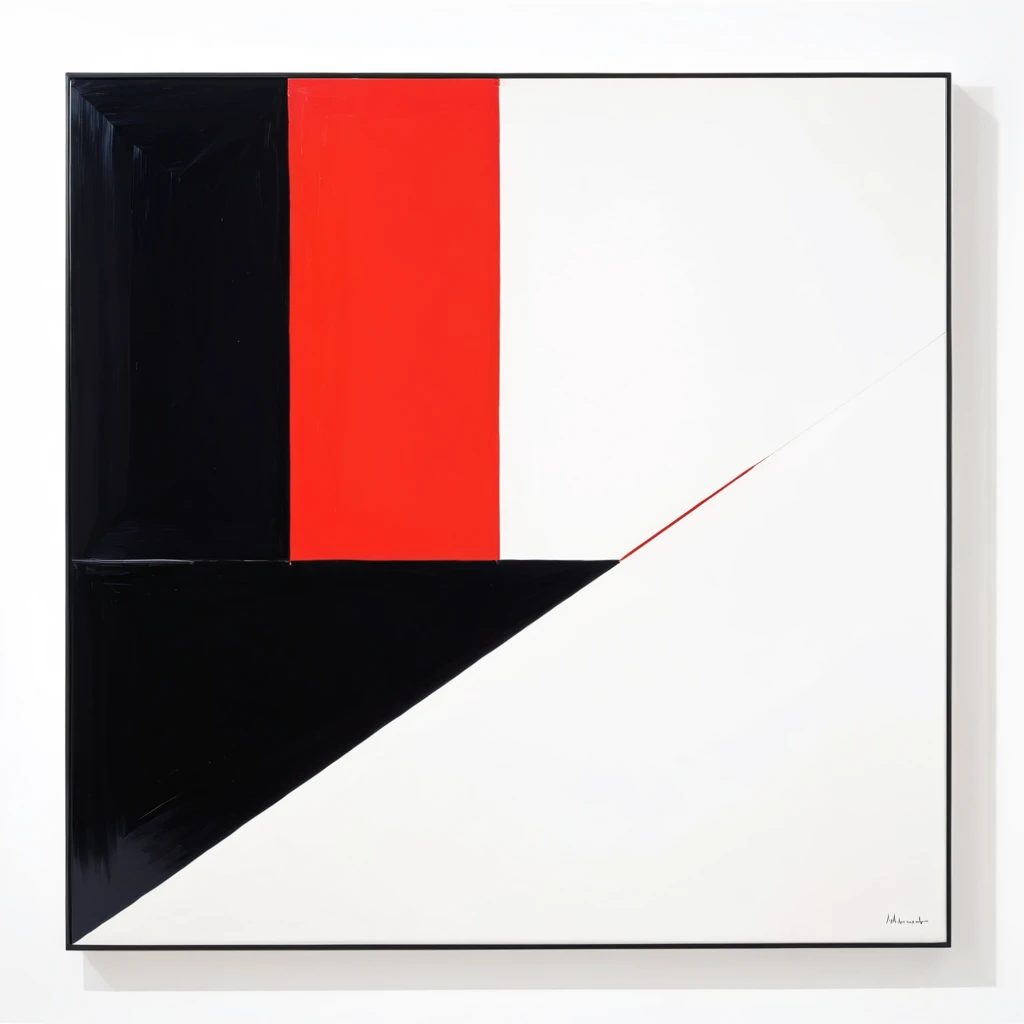 abstract painting with only one red small square slightly tilted, side by side an only one large black square slightly tilted, on white flat background, style of malevich