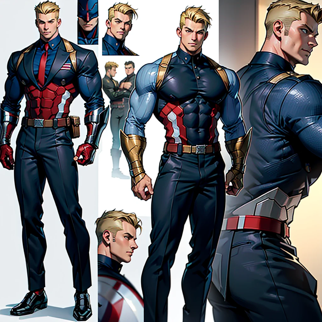 A vast model sheet of muscular adult Captain America, short blonde hair in a very light tone, shaved neck. He wears a suit-style outfit with black colors., navy blue and white, black pants and black shoes. Using detailed gauntlets. Com poses, various face angles, Facial expressions.