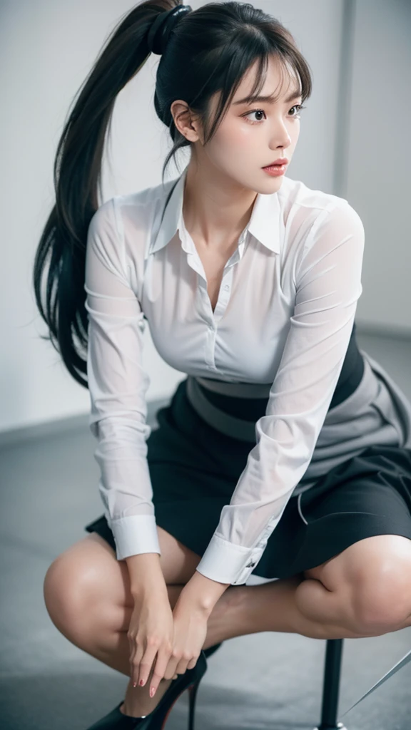 A neat high ponytail,Wearing a grey business dress,White shirt and black high heels。
This combination allows adults to fully display their graceful curves,Plus a standard oval face,And exquisite facial features。