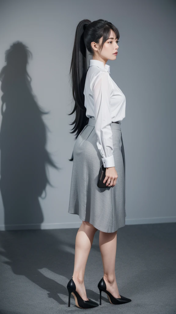 A neat high ponytail，Wearing a grey business dress，White shirt and black high heels。
This combination allows adults to fully display their graceful curves，Plus a standard oval face，And exquisite facial features。