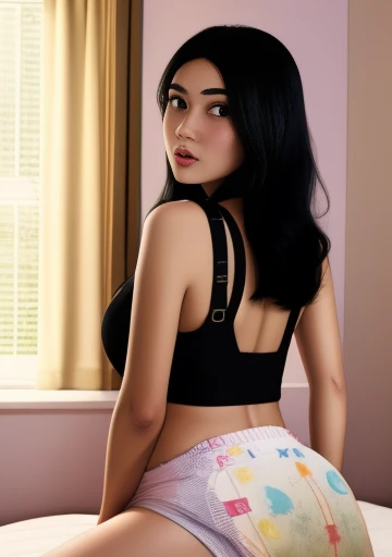 (diaperMess), Masterpiece, highly detailed, high quality, ((18 year old woman)), long black hair, in bedroom, black crop top, revealing, thigh high socks, slim, sexy, cleavage, (rear photo),