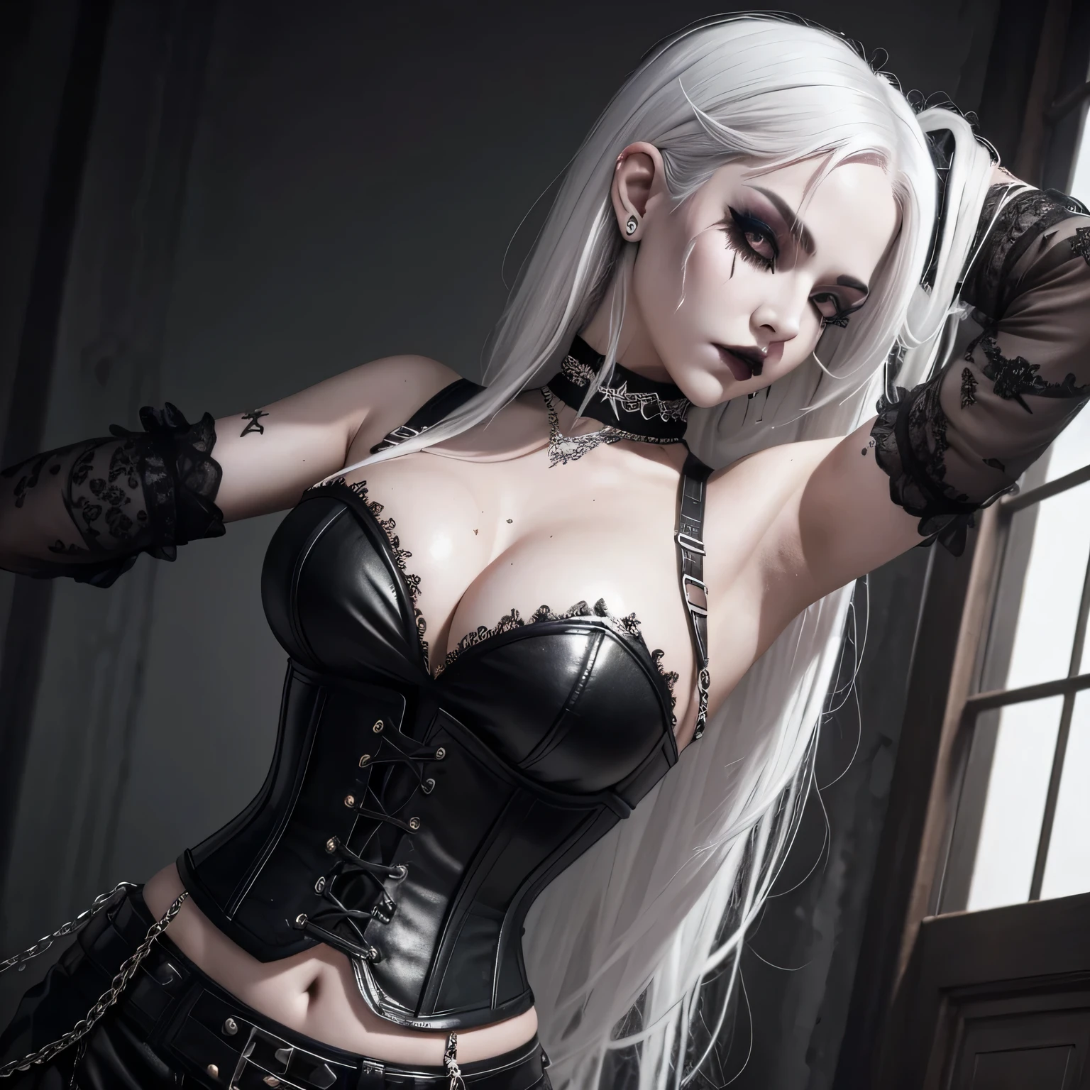 goth girl, white hair, heavy goth makeup, portrait, dark, cropped corset top, choker, armpit, sweaty skin, navel, deep navel,