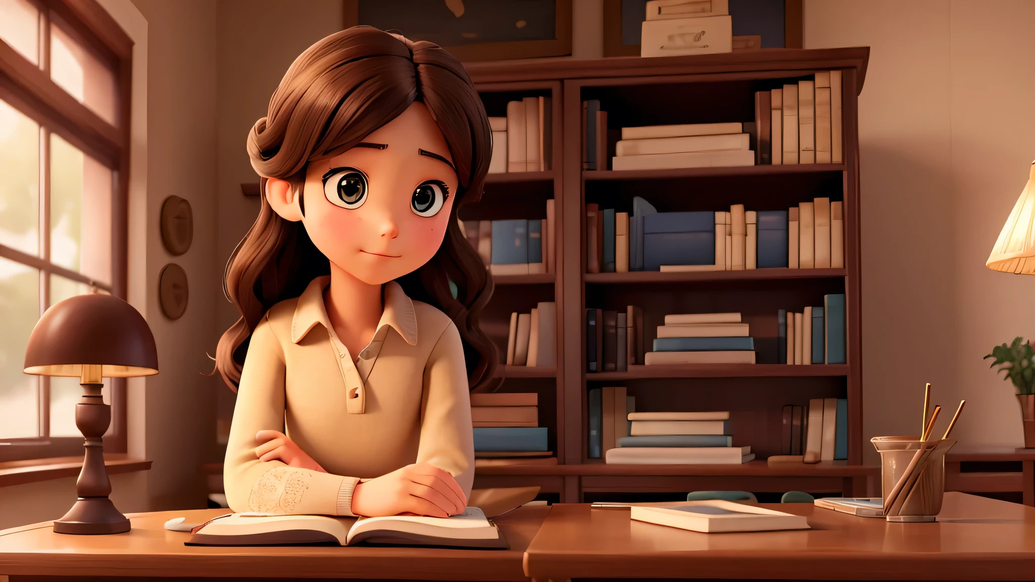 a girl studying in a library, full body, reading a book, warm lighting, photorealistic, 8k, high quality, intricate detail, portrait, realistic, elegant, serene, peaceful, soft colors, natural lighting