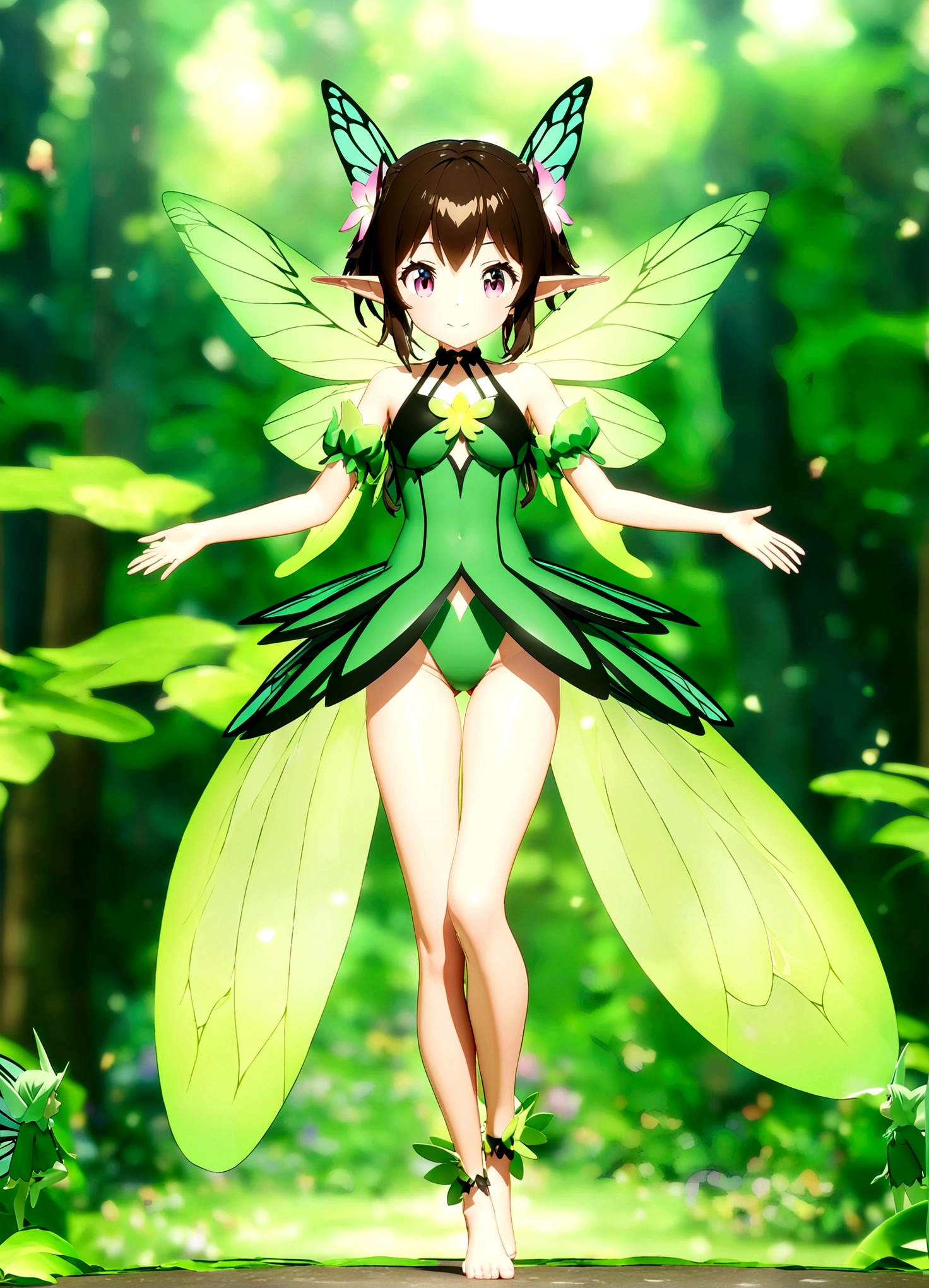 Anime girl in green and black costume on wings and green background, pixie character, fairy, forest fairy, insect trainer girl, brunette elf with fairy wings, pixie, cute 3d anime girl rendering, April rendering, fairy dance, open legs
