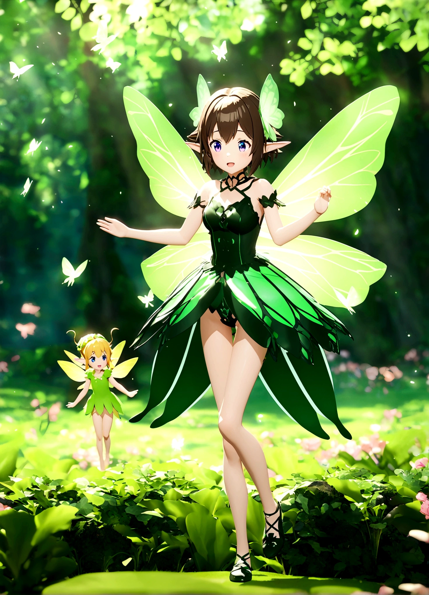 Anime girl in green and black costume on wings and green background, pixie character, fairy, forest fairy, insect trainer girl, brunette elf with fairy wings, pixie, cute 3d anime girl rendering, April rendering, fairy dance, open legs  