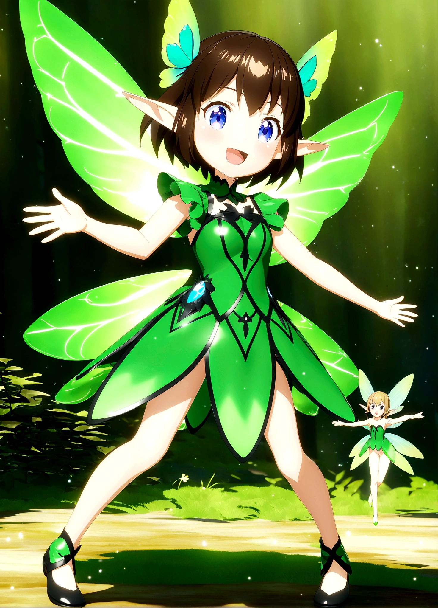 Anime girl in green and black costume on wings and green background, pixie character, fairy, forest fairy, insect trainer girl, brunette elf with fairy wings, pixie, cute 3d anime girl rendering, April rendering, fairy dance, open legs