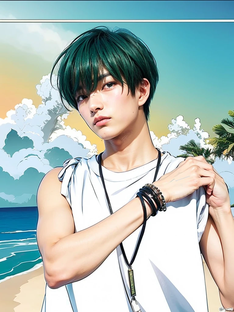 realistic looking japanese  boy, teal green eyes with long underlashes, thick dark green hair with bangs, lightly textured skin, wearing a white t-shirt with folded sleeves, hair tie as bracelet