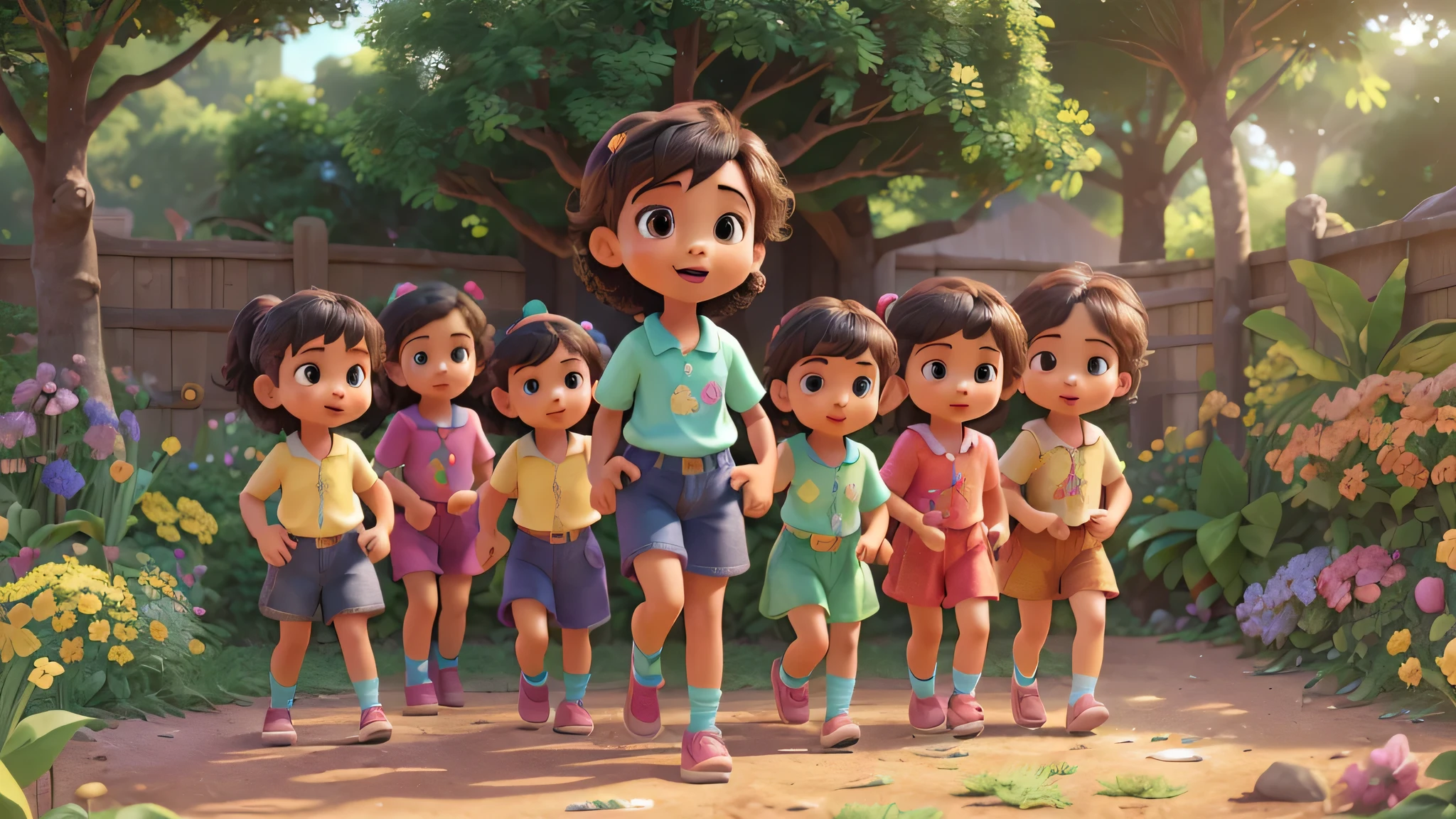 a young diverse group of children, full body, cute expressions, playful, colorful clothes, vibrant colors, dynamic poses, lush garden background, natural lighting, (best quality,4k,8k,highres,masterpiece:1.2),ultra-detailed,(realistic,photorealistic,photo-realistic:1.37),highly detailed, cinematic composition, magical realism