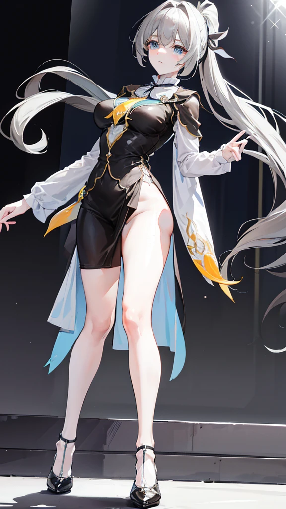 A neat high ponytail,Wearing a grey business dress,White shirt and black high heels。
This combination allows adults to fully display their graceful curves,Plus a standard oval face,And exquisite facial features。