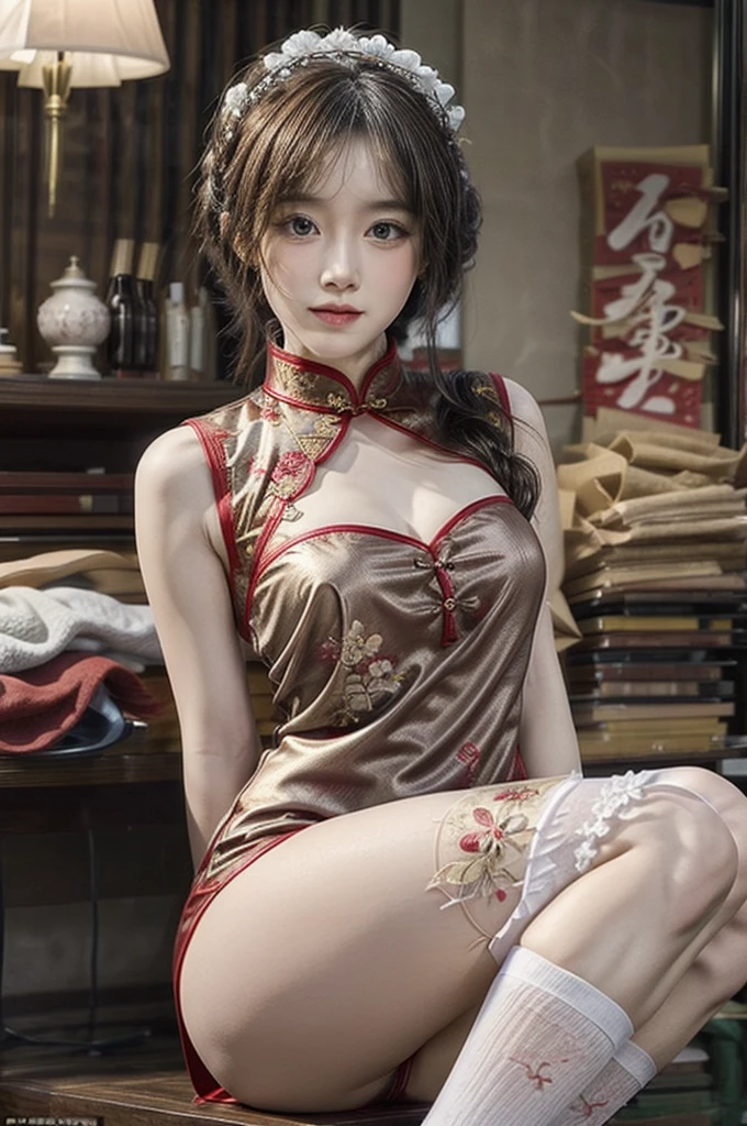 (masterpiece, best quality), 1 beautiful girl,. Create a highly detailed and elegant Cheongsam (Qipao) design. The dress should feature intricate floral embroidery, traditional Chinese patterns, and a high collar. The fabric should be silky and glossy, with a rich, deep red color that symbolizes good fortune. Add gold accents and trim to enhance the luxurious feel. The Cheongsam should be form-fitting, highlighting the wearer's figure gracefully, with side slits for ease of movement. Include delicate buttons along the side and an overall sophisticated, timeless look. Temple background, full body, white thigh socks