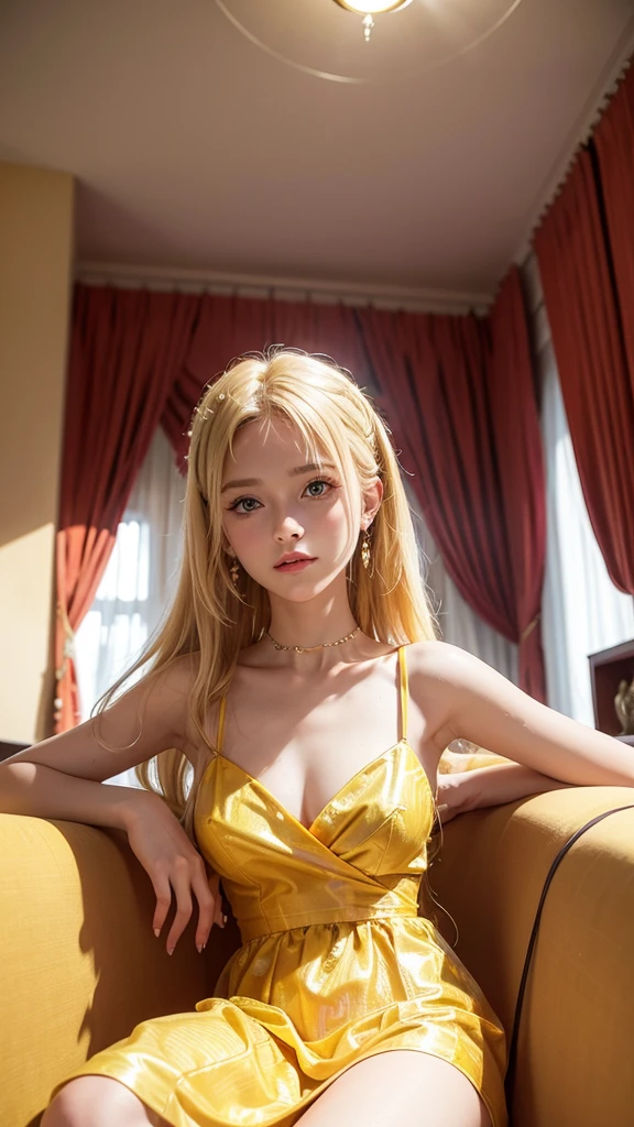 a blonde crespa,ucranian 18 years in a yellow dress,metálic collar pet, posing for a picture in a living room with a white couch and a orange curtain, private press, , a hologram, pink