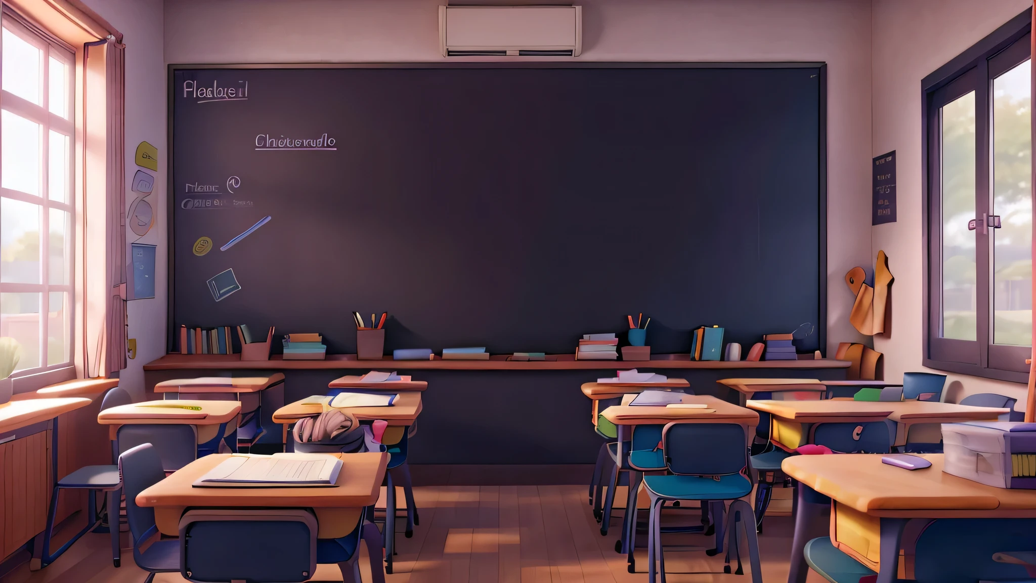 a classroom with chalkboard, desks, students in uniform, books, pencils, backpacks, warm lighting, realistic, photorealistic, high resolution, 8k, best quality, masterpiece, intricate details