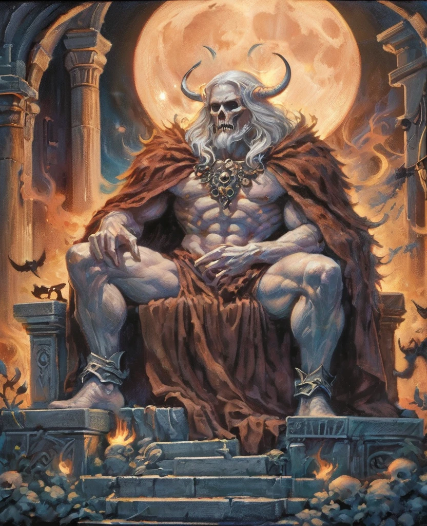 40 year handsome old elf, pale skin, blonde hair, abino skin, long straight hair, wearing elfin , sitting , mustache, piercing blue eyes, brown hair, pronounced brow ridge, strong jaw, high cheekbones, (complete body:1.5), sitting on a bed spreading his legs, very beefy muscles, bulging biceps, bulging triceps, bulging pectorals, bulging quads, bulging trapezoids, wide shoulders, bulging calves, bulging forearms, hairy, (giant:1.5), tall, solo person. Art deco masterpiece, alpha male, at night, skull, nightmare, fire, intricately detailed, sharp focus, extremely detailed, dark fantasy, glowing, colorful painting, rich color, HDR, octane render, digital illustration, cinematic light, sitting on the throne, Explore the beauty of a moonlit cemetery, with weathered tombstones, crypts, and the feeling that the spirits of the departed may not be at rest