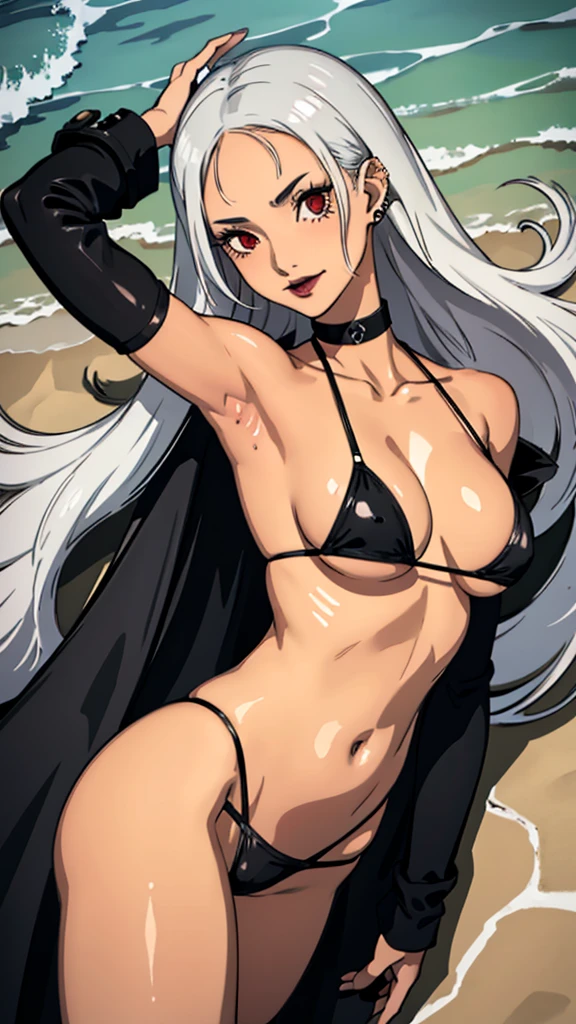 1girl, evil smile, red eyes, long hair, forehead, white hair, black choker, belly, medium breast, extreme micro bikini, black lipstick, black lipstick ear piercings, cowboy shot, armpits, lying bust up shot, thicc legs, wheatskin, loose hair, beach background